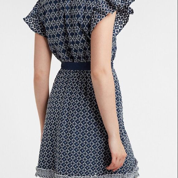 EXPRESS Printed Lace Trim Belted Wrap Dress in Navy Eyelet SZ XS - Picture 2 of 6